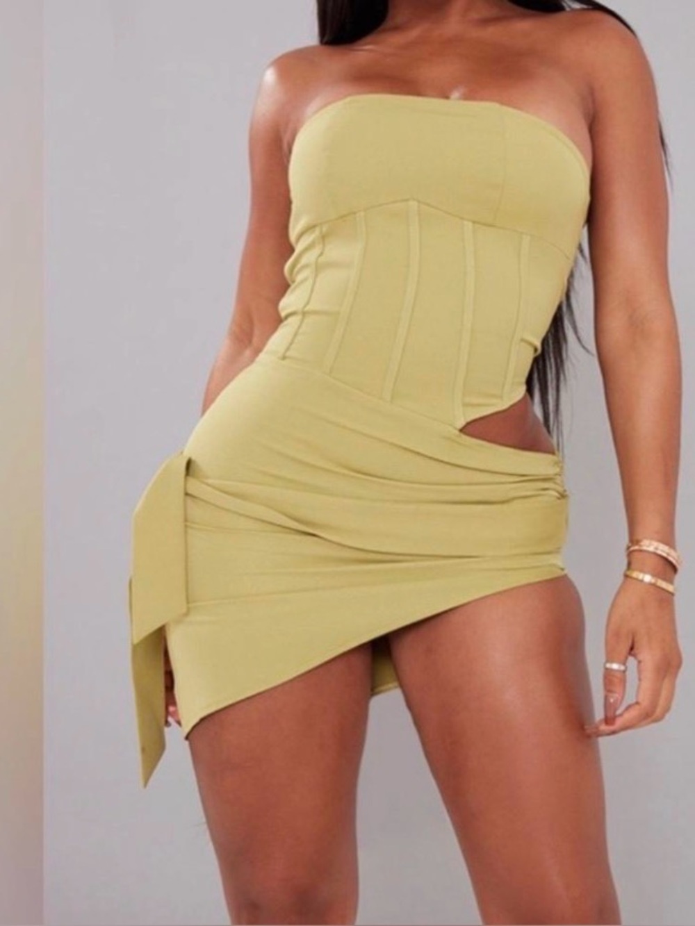 PrettyLittleThing NWT olive green corset detail side tie Bodycon dress, size 4